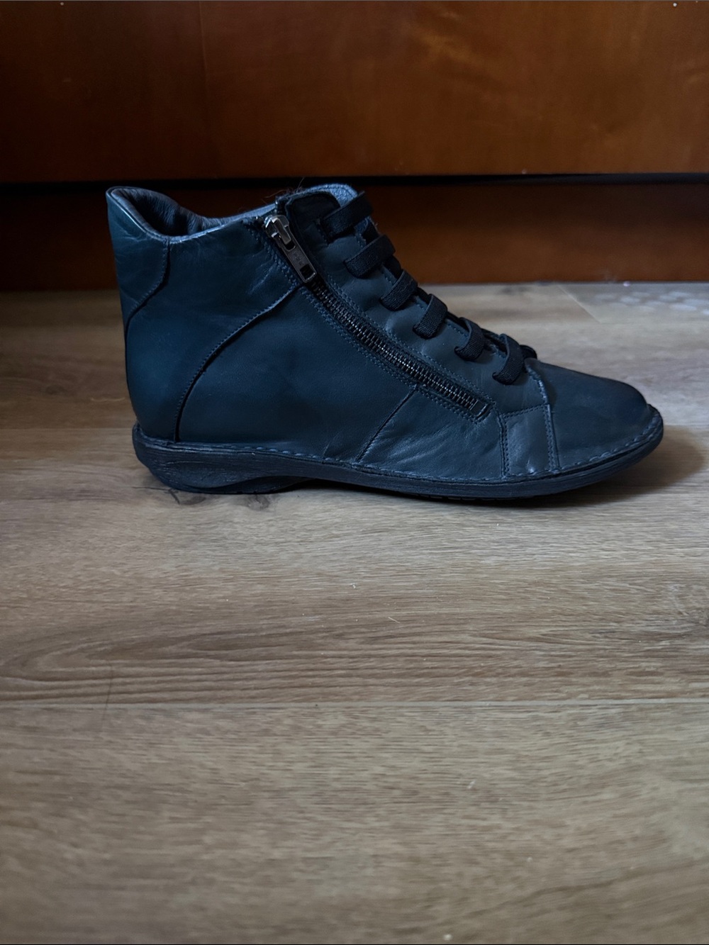 Miz Mooz Dark Green Blue Leather Lace-Up Wedge Ankle Bootie with Side Zip